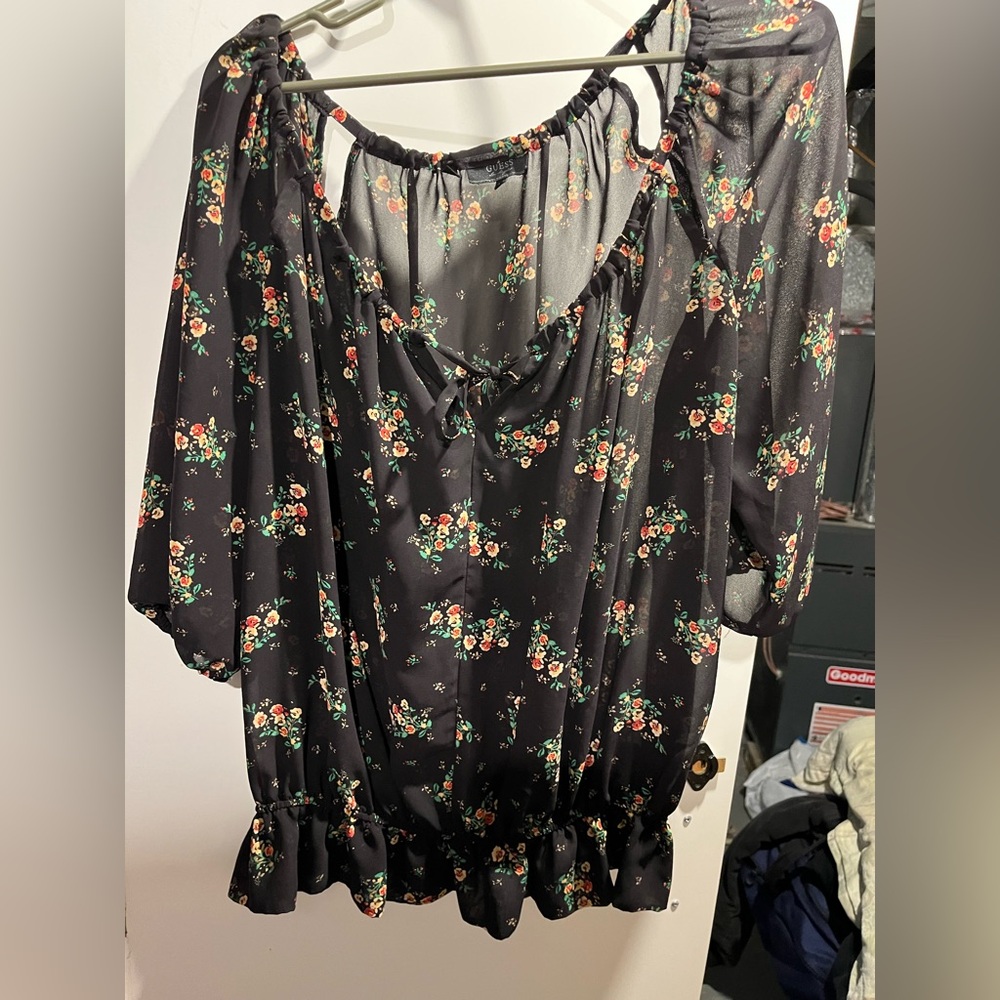 Guess Black Floral Sheer Top